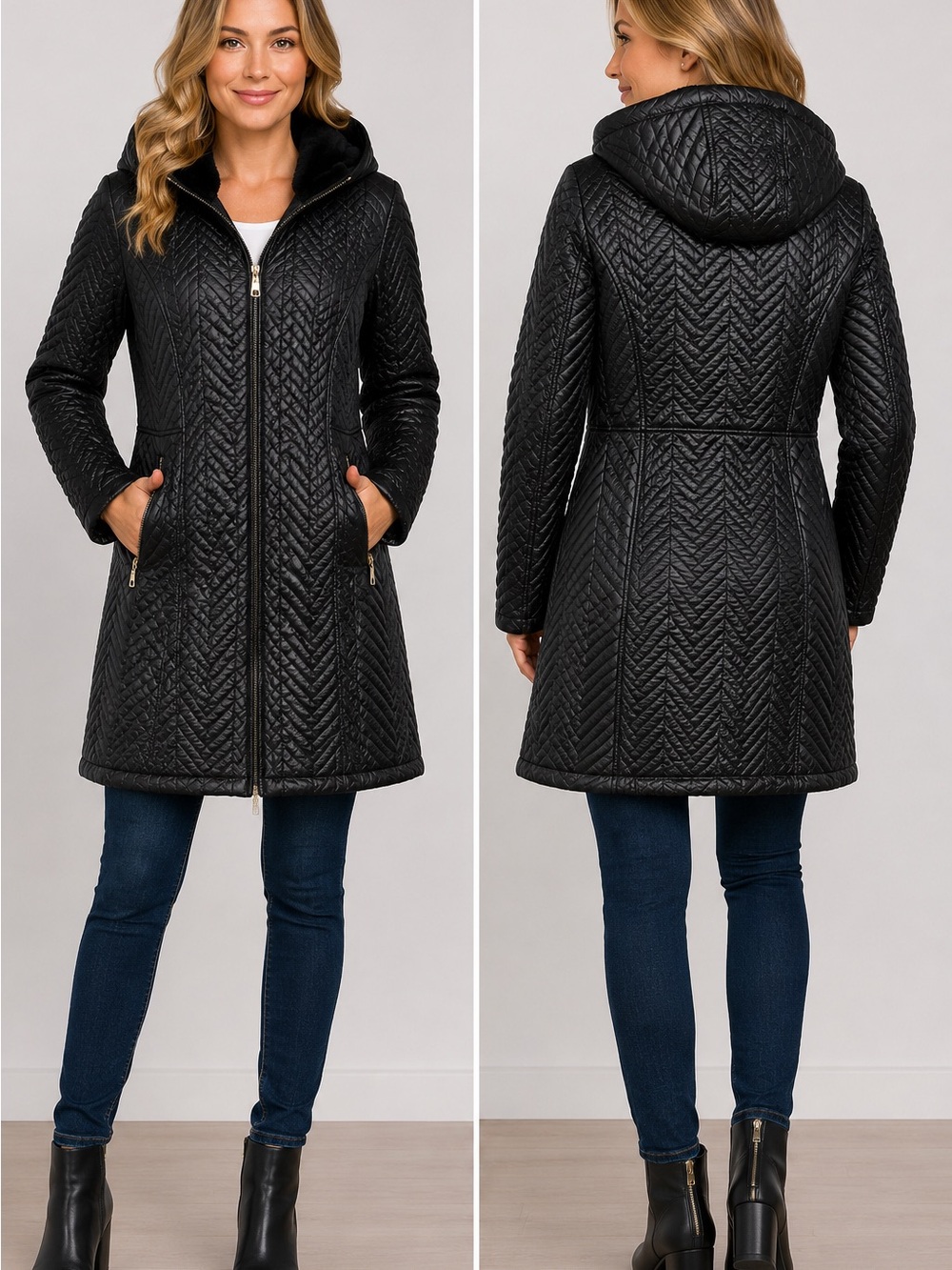 Preston & York Coat Size S Black Quilted Faux Fur Lined Hooded Coat